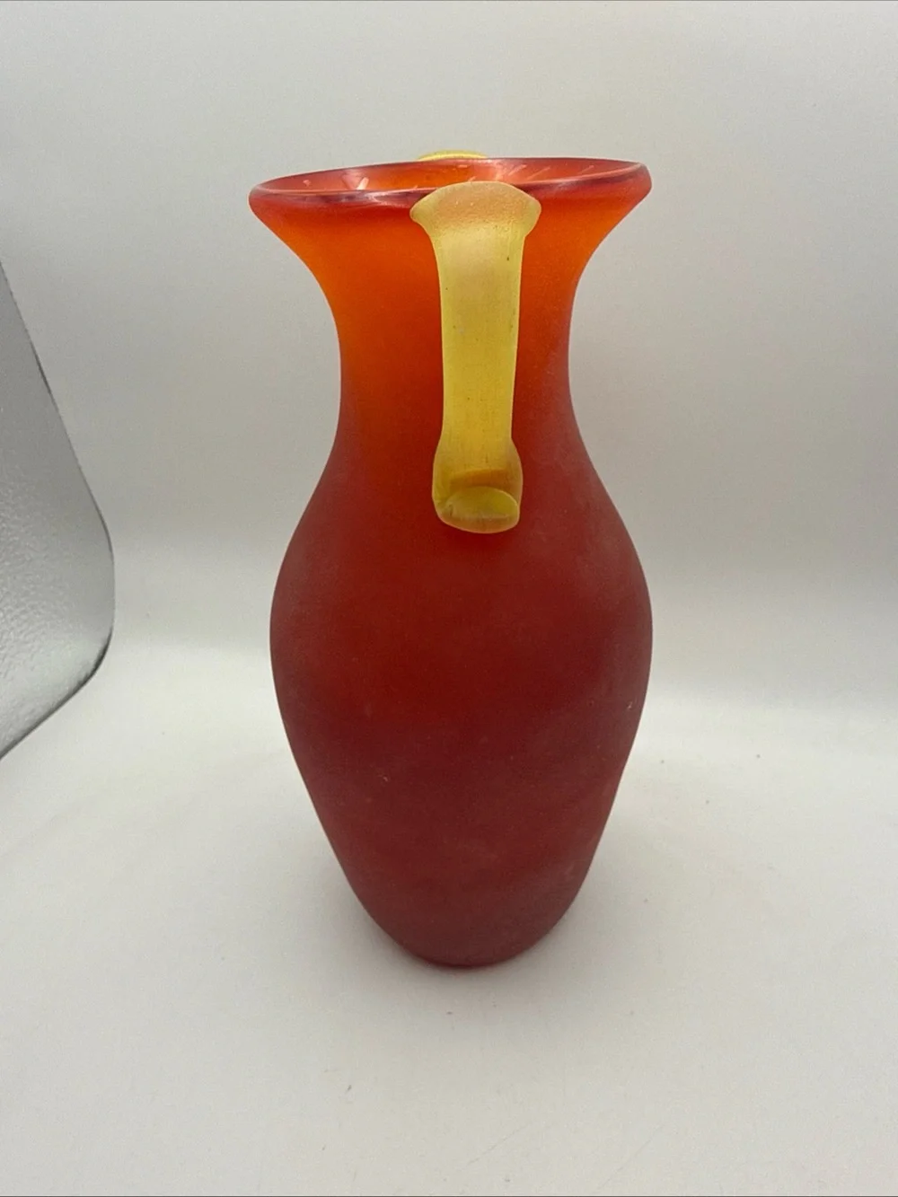 Murano Style Glass Vase Amphora Roman Style Red w/ Yellow Scroll Handles Scavo